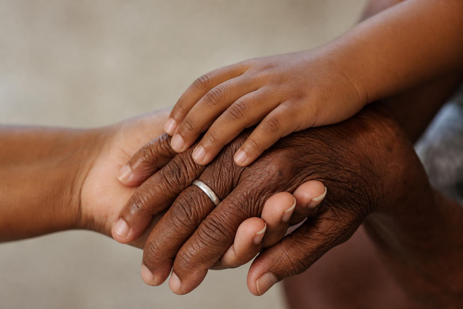 Mãos entrelaçadas de família brasileira multigeracional