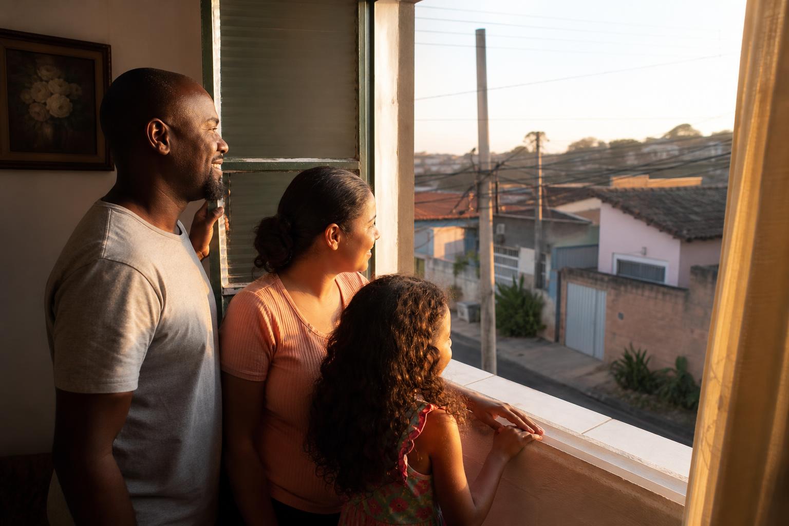 Família brasileira abrindo a janela ao amanhecer — recomeço após superendividamento